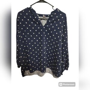 Old Navy Blue V Neck Blouse with White Polka-dots Size XL button sleeves